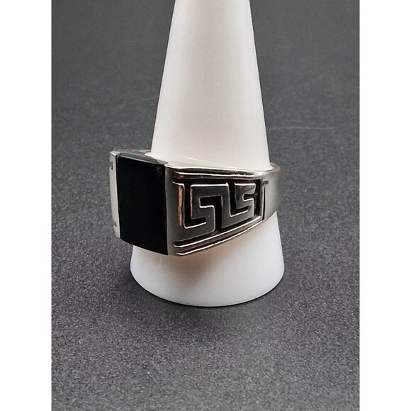 Men's Black Onyx Ring, Size 11.75, 925 Silver, Signet, Bold Modern Greek Style - Picture 2 of 10
